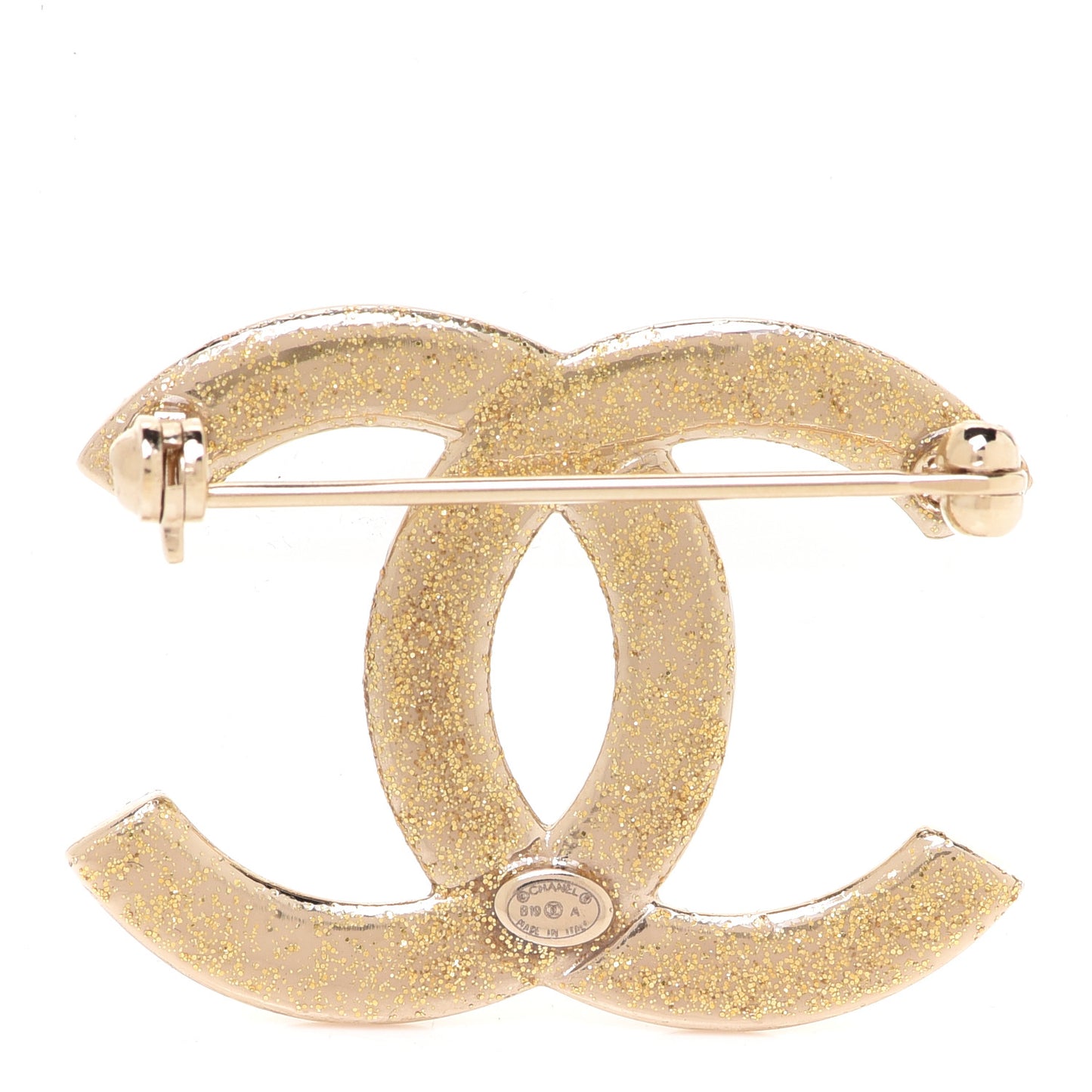 Metal Quilted Crystal CC Brooch Light Gold