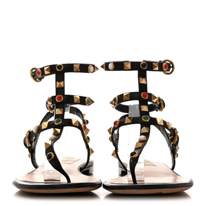 Valentino Garavani Calfskin Rockstud Rolling Ankle Wrap Flat Thong Sandals 37 Black 3 of 10