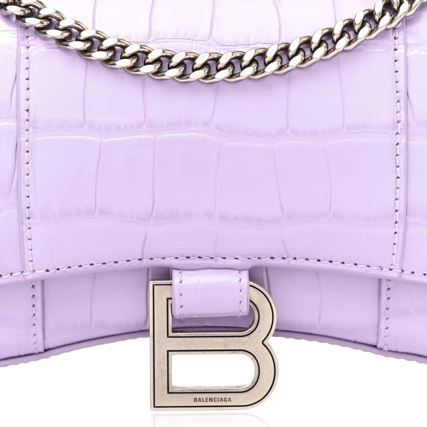 Shiny Calfskin Crocodile Embossed Hourglass Chain Bag Lilac