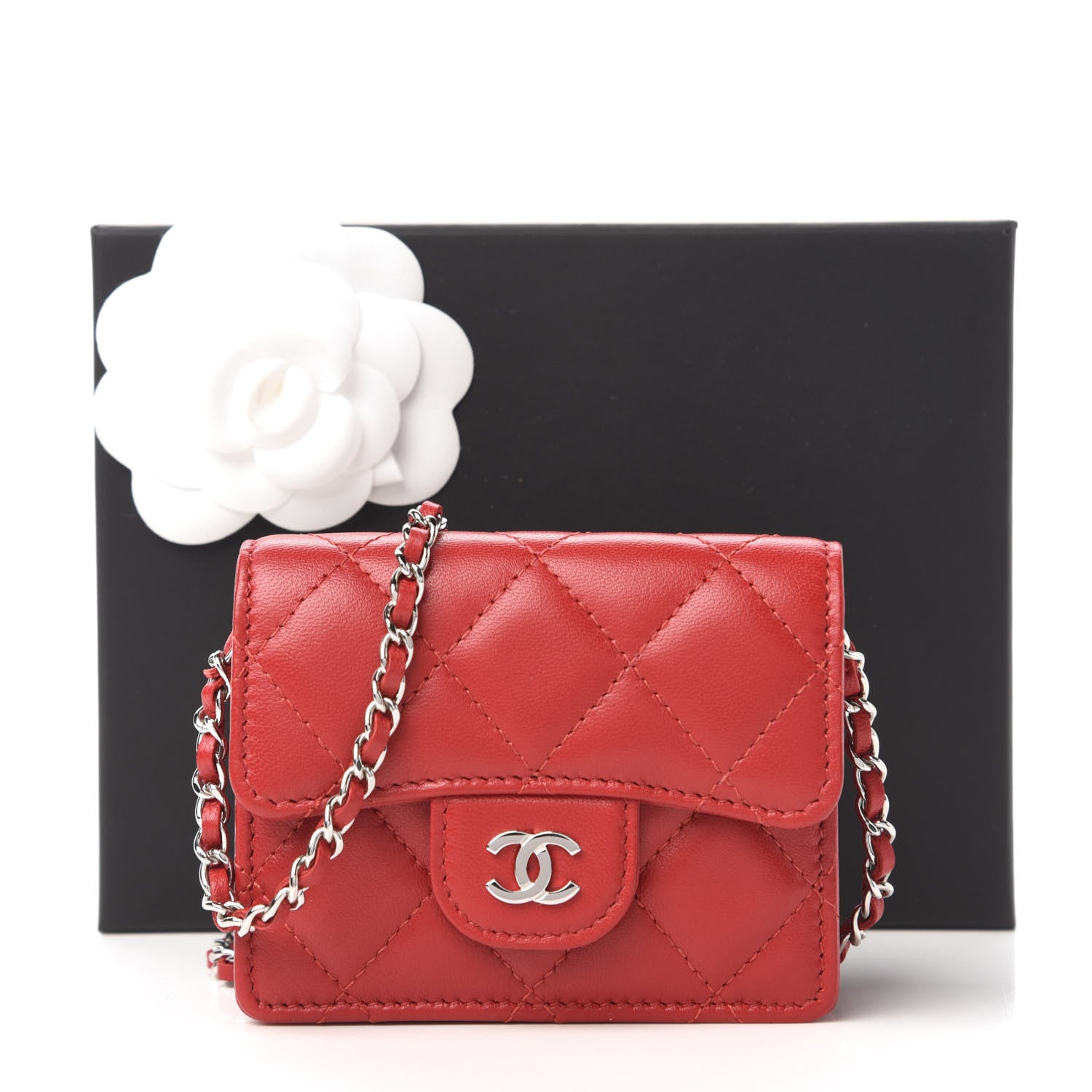 Chanel Lambskin Quilted Flap Card Holder On Chain Red 11 of 11