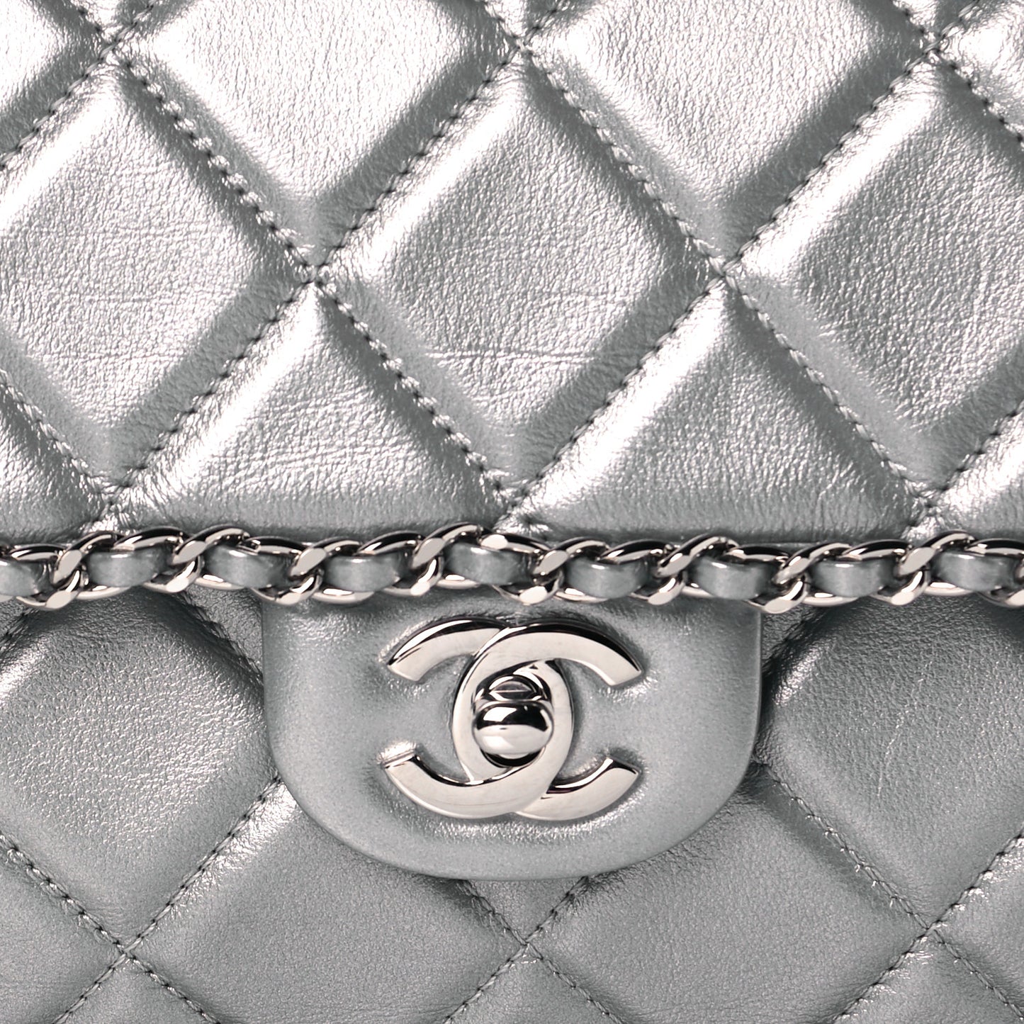 Metallic Lambskin Medium Chain All Over Flap Silver