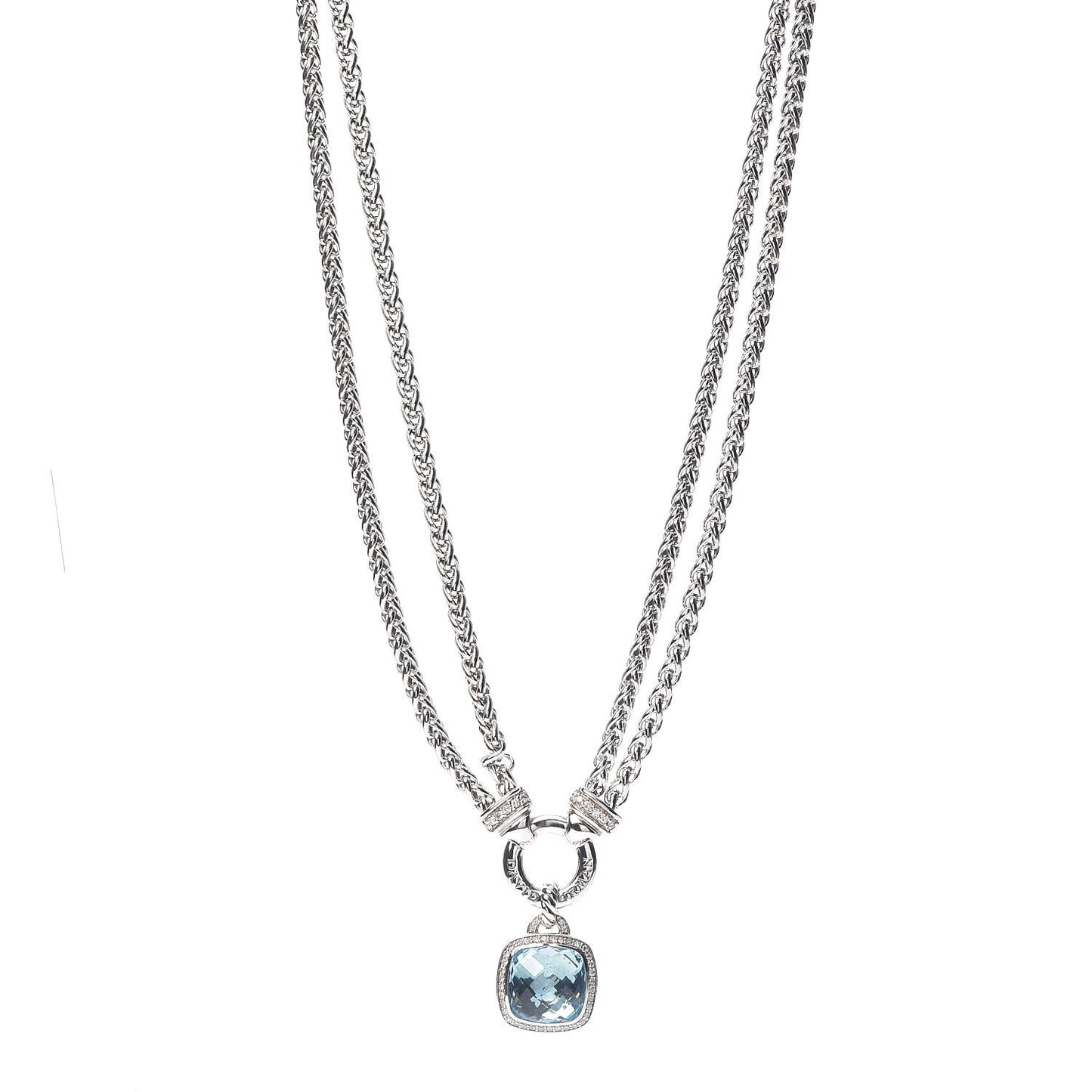 Sterling Silver Diamond Blue Topaz 14mm Albion Double Wheat Chain Pendant Necklace