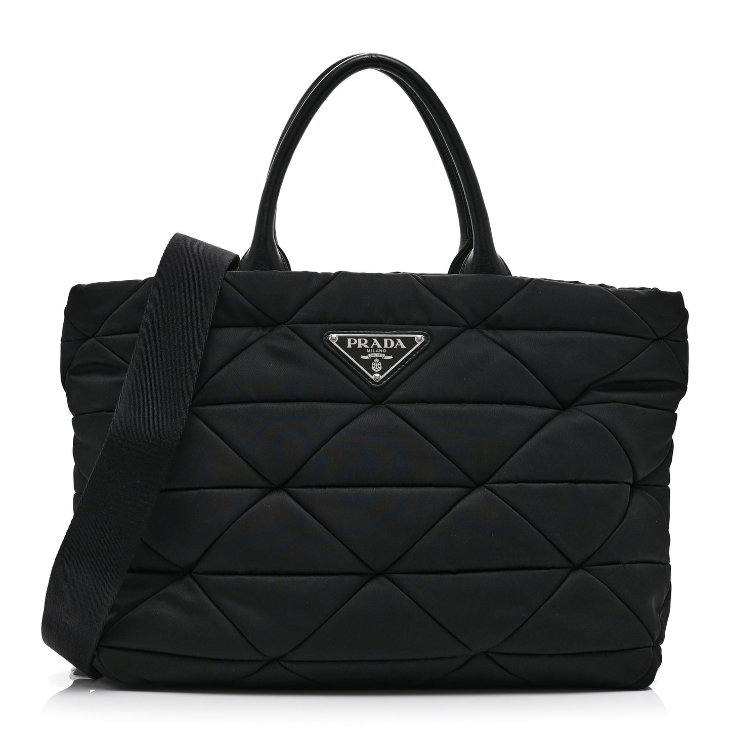 Re-Nylon Nappa Triangle Quilted Padded Medium Double Handled Zip Tote Black