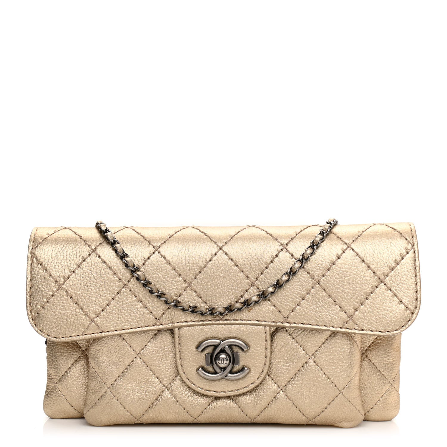 Chanel Metallic Calfskin Quilted Flap Clutch With Chain Light Gold 1 of 12