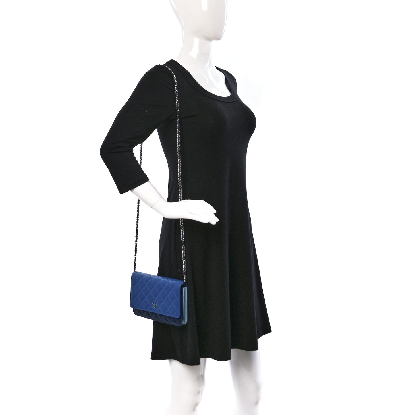 Lambskin Quilted Tri-Color Wallet On Chain WOC Dark Blue