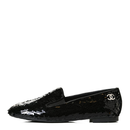 Chanel Sequin CC Loafers 37.5 Black 1 of 10