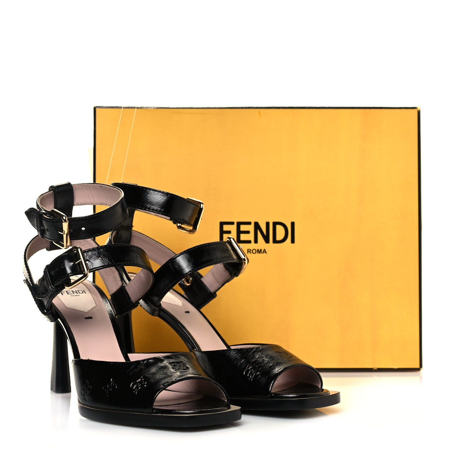 Vitello Karligraphy Embossed FFrame Ankle Strap Sandals 38 Black
