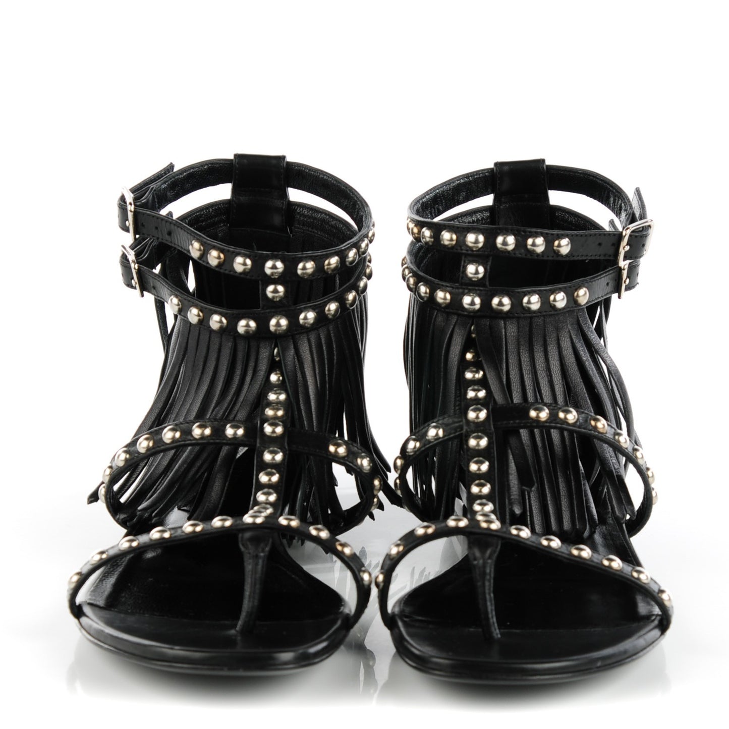Calfskin Studded Fringe Cyuko Sandals 38 Black