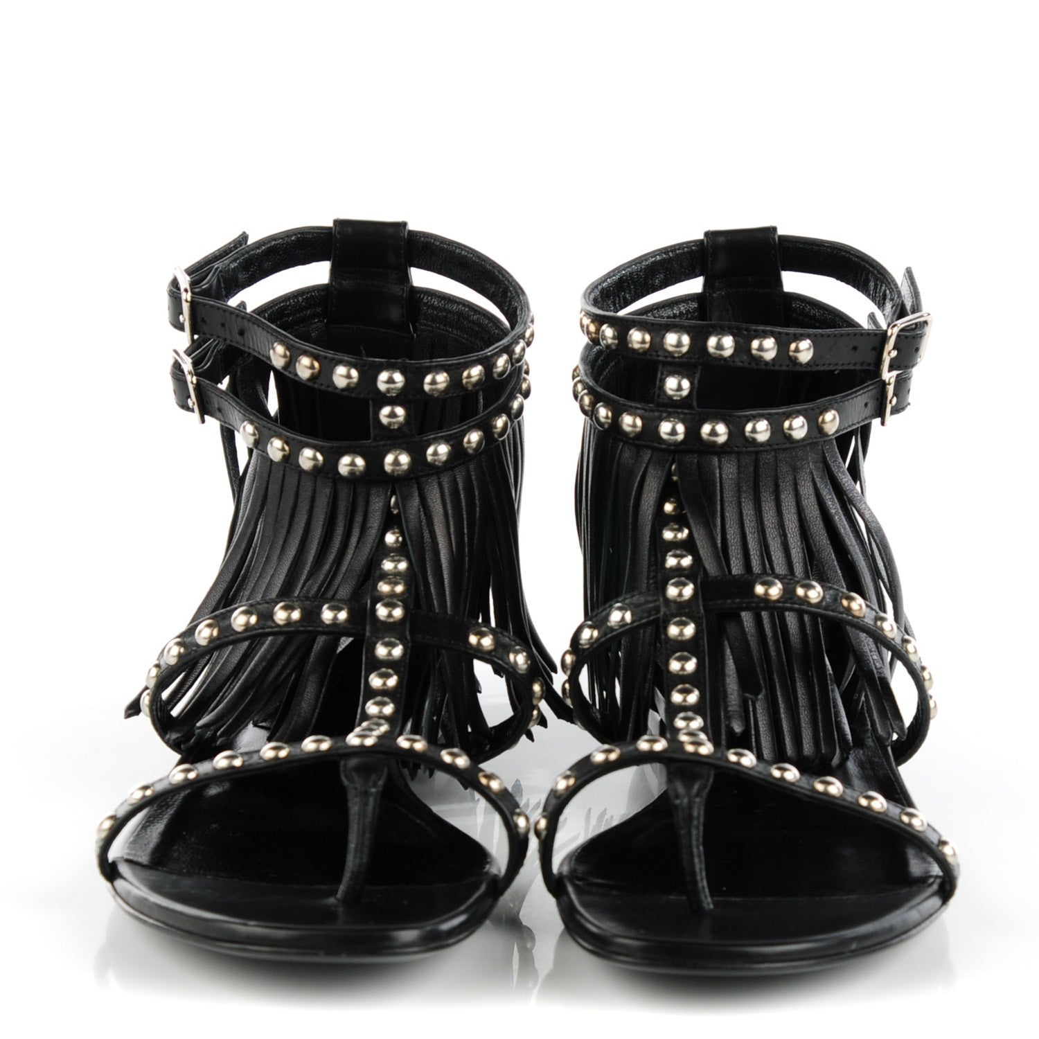 Saint Laurent Calfskin Studded Fringe Cyuko Sandals 38 Black 2 of 8