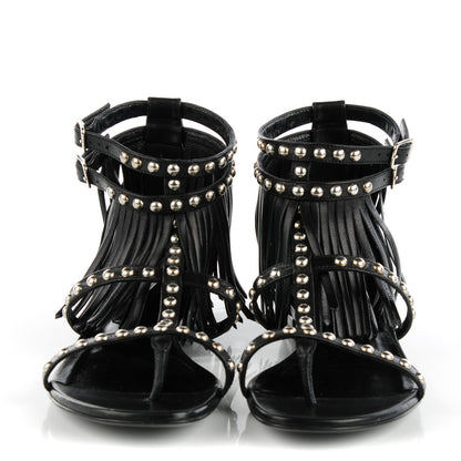 Saint Laurent Calfskin Studded Fringe Cyuko Sandals 38 Black 2 of 8