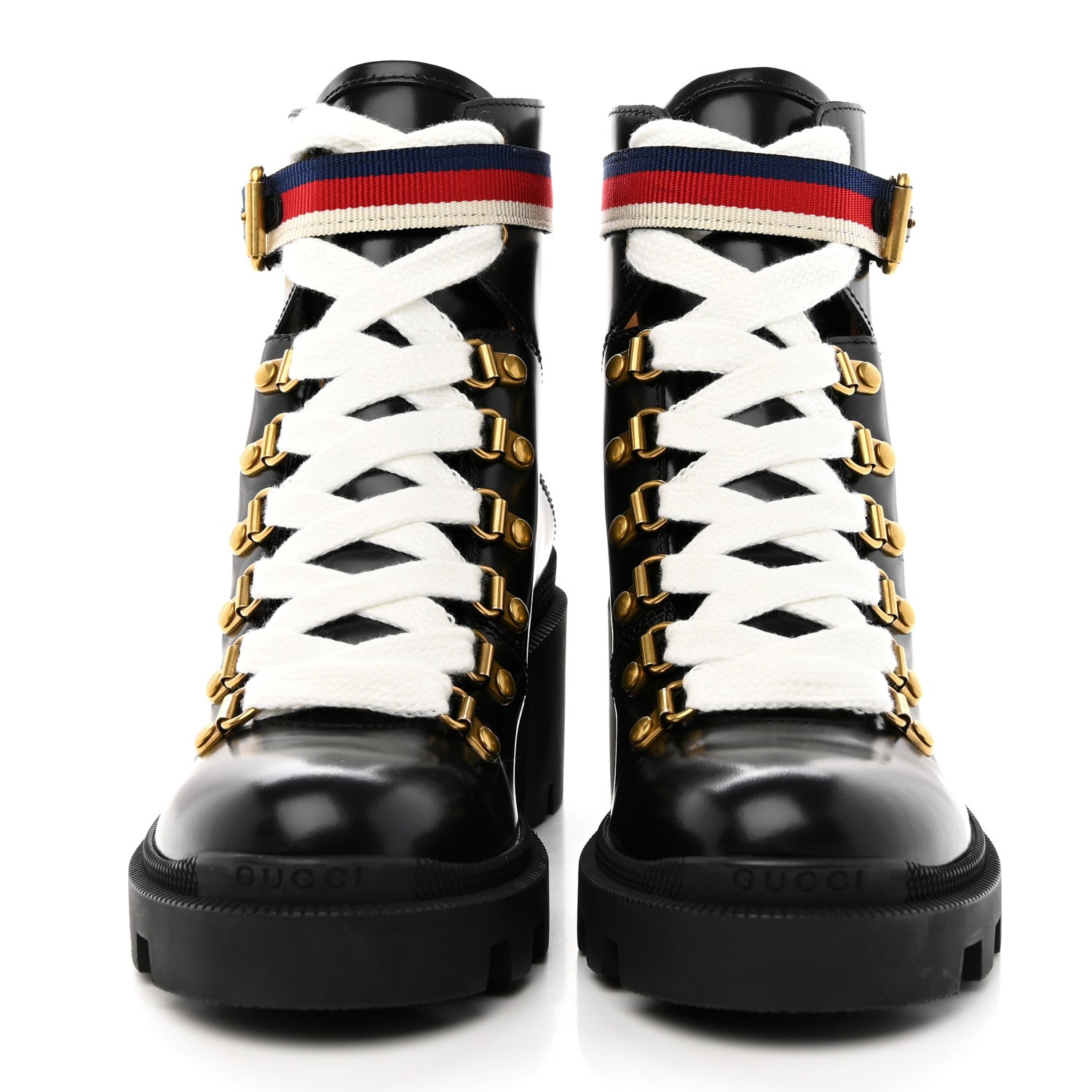 Gucci Calfskin Sylvie Web Lace Up Combat Boots 35 Black 2 of 13