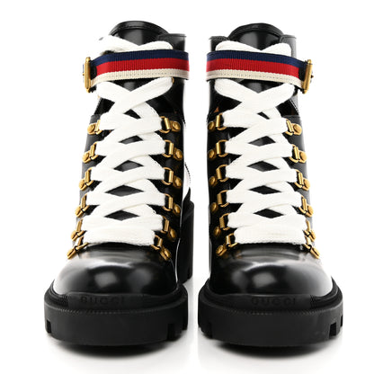 Gucci Calfskin Sylvie Web Lace Up Combat Boots 35 Black 2 of 13