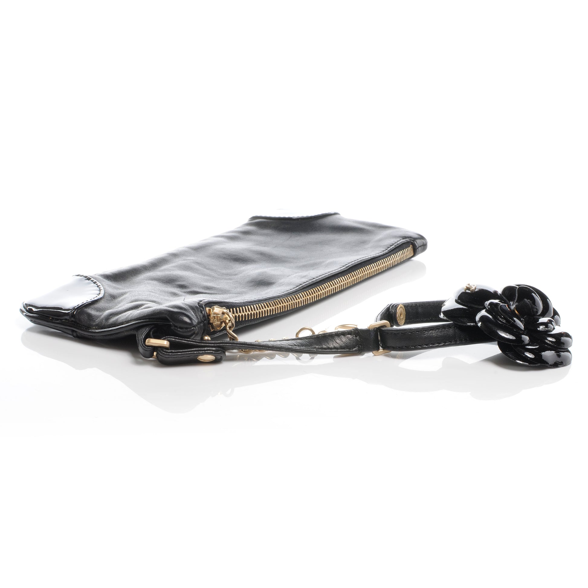 Chanel Lambskin and Patent Leather Camellia Wristlet Black 4 of 8