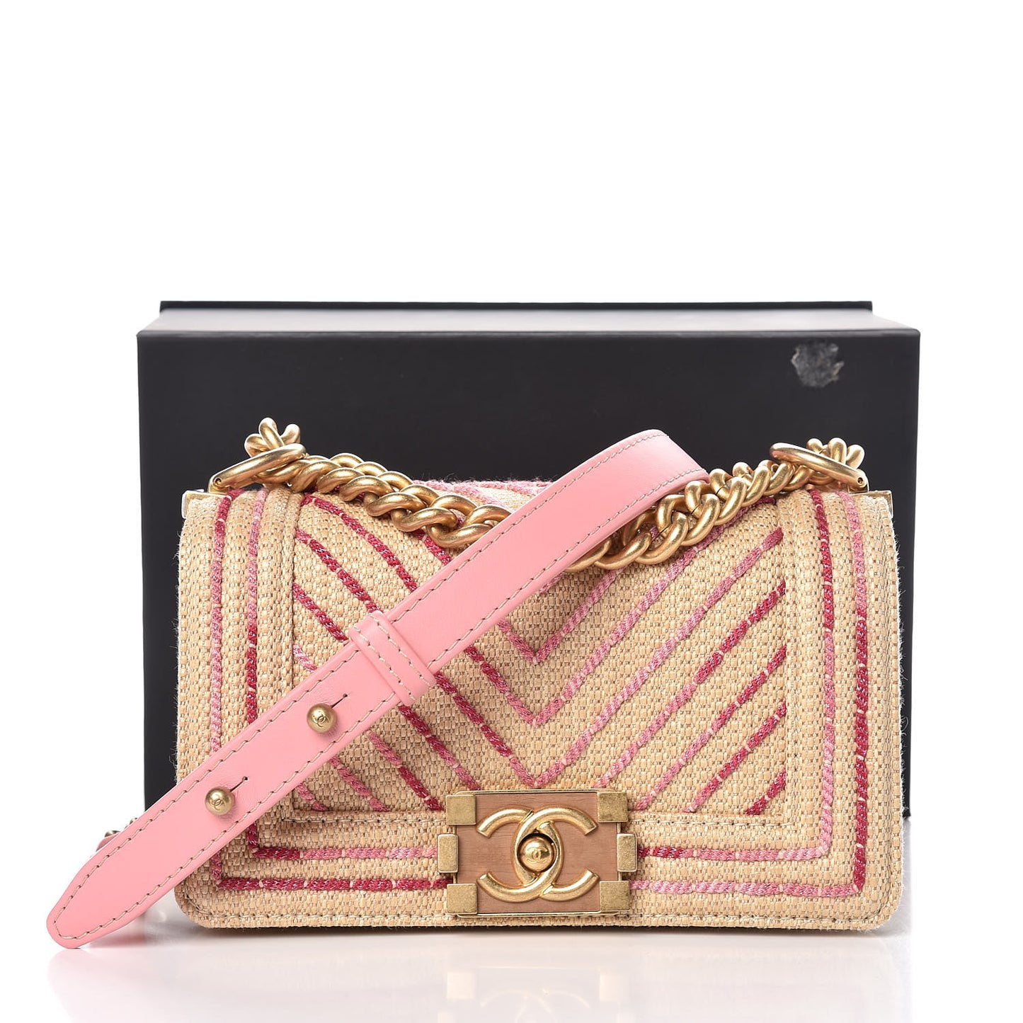 Cotton Canvas Calfskin Chevron Embroidered Small Boy Flap Beige Pink