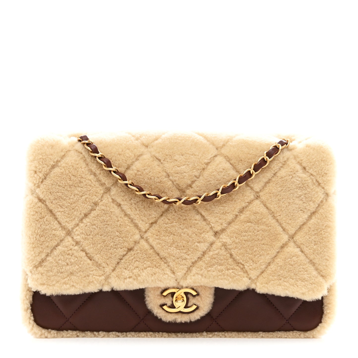 Shearling Lambskin Quilted Large Furry Coco Flap Beige Dark Brown