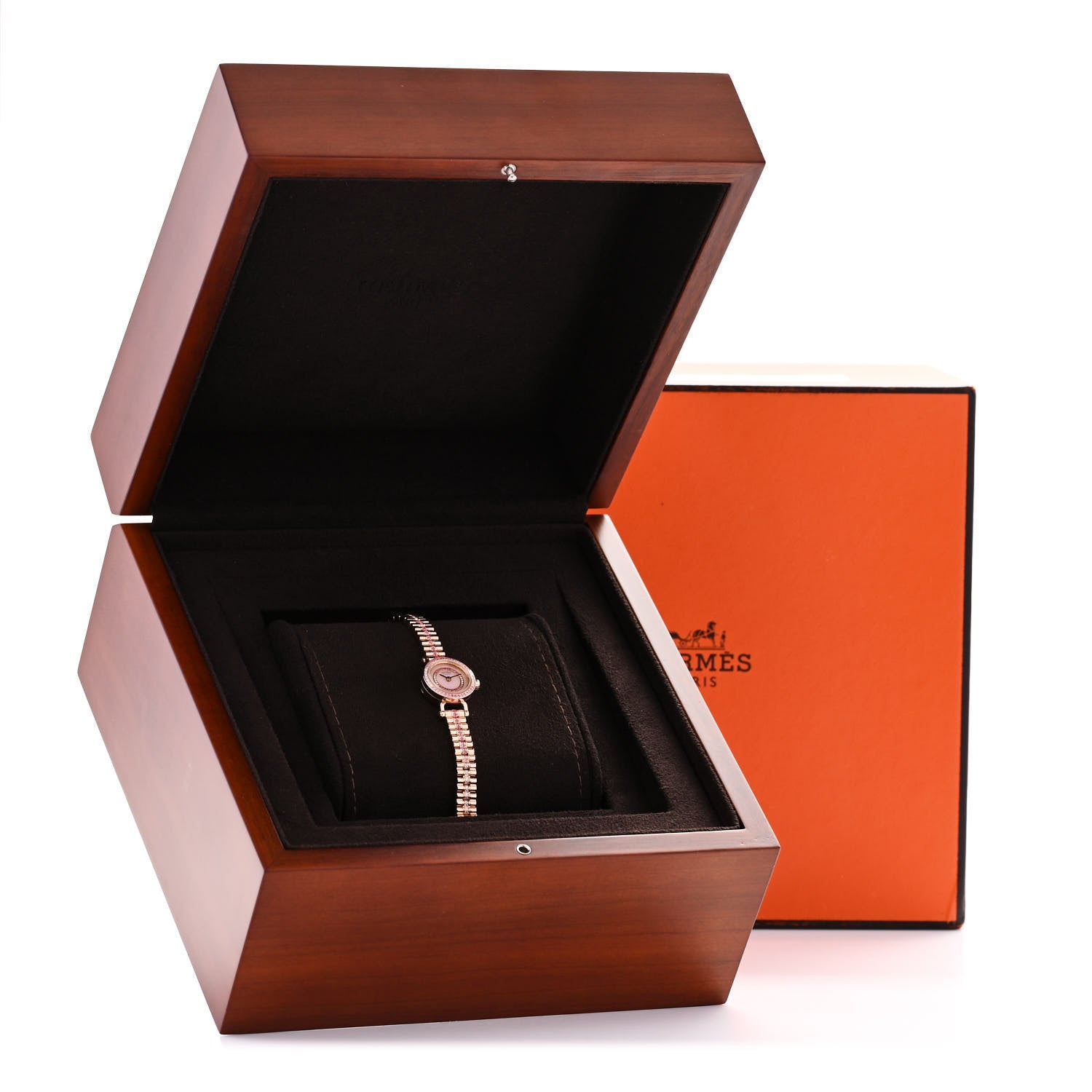 Hermes 18K Rose Gold Diamond Pink Sapphire 16mm Faubourg Quartz Watch 5 of 5