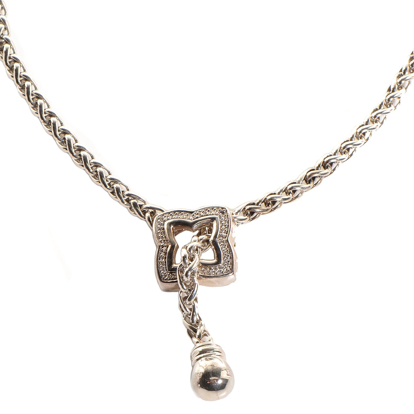 Sterling Silver Diamond Quatrefoil Lariat Wheat Chain Necklace