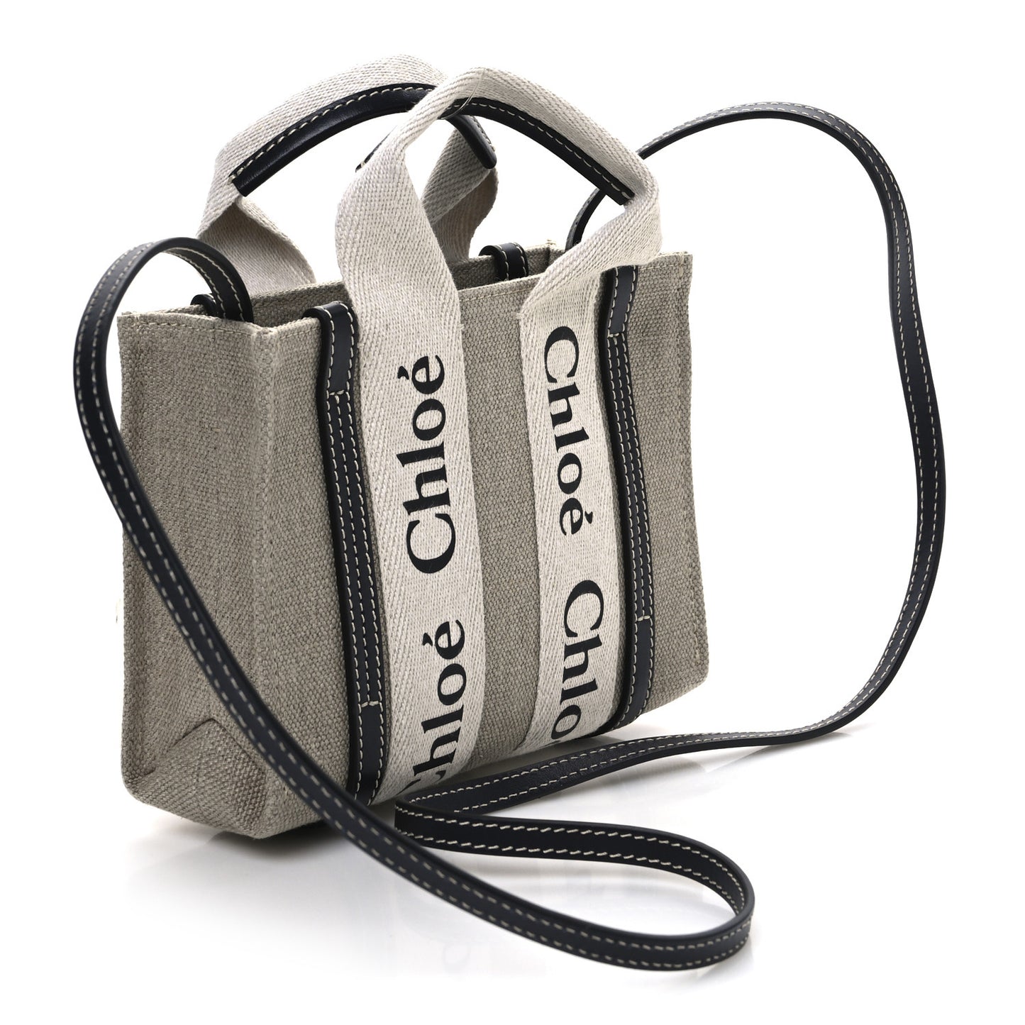 Linen Calfskin Mini Woody Ribbon Tote White Navy