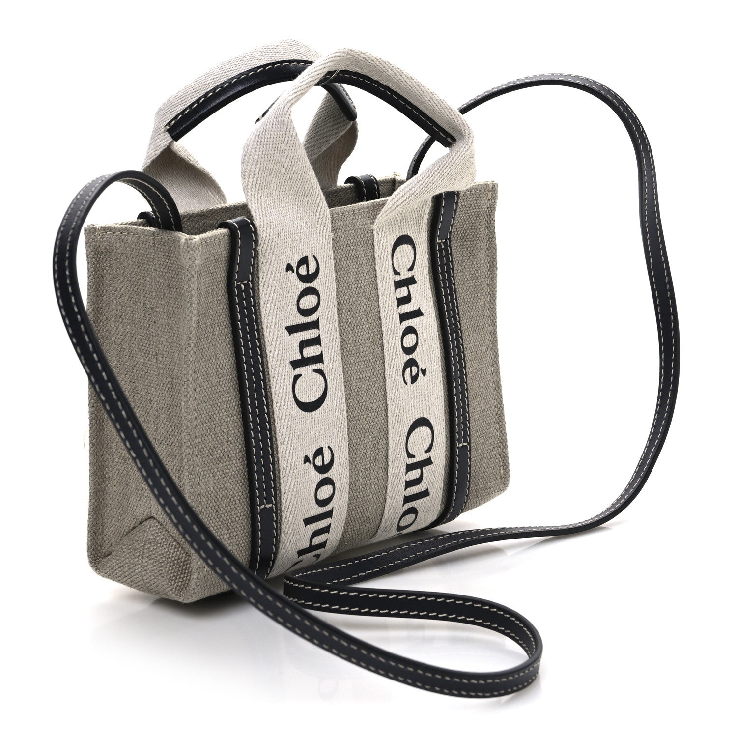 Chloe Linen Calfskin Mini Woody Ribbon Tote White Navy 3 of 10