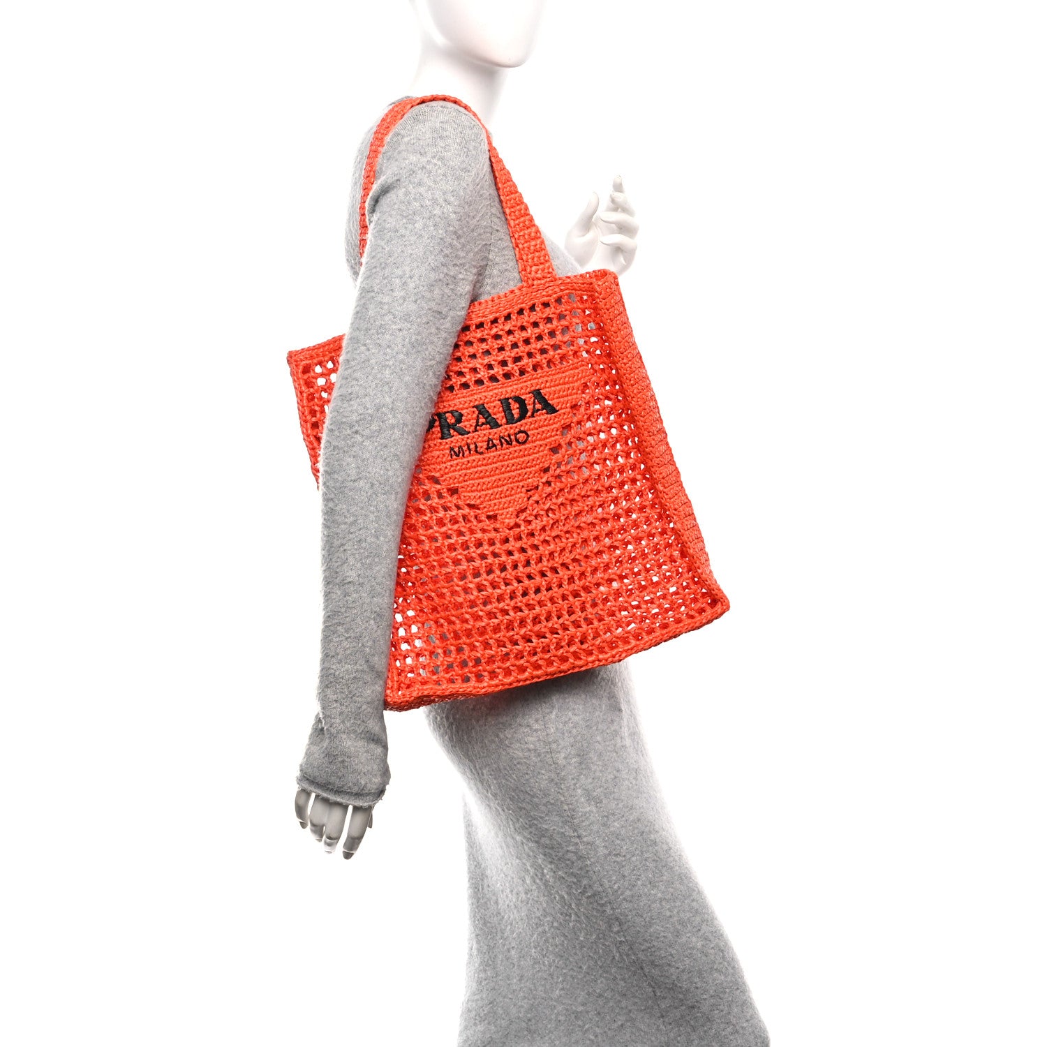 Prada Yarn Raffia Effect Crochet Logo Embroidered Tote Bag Arancio 3 of 9