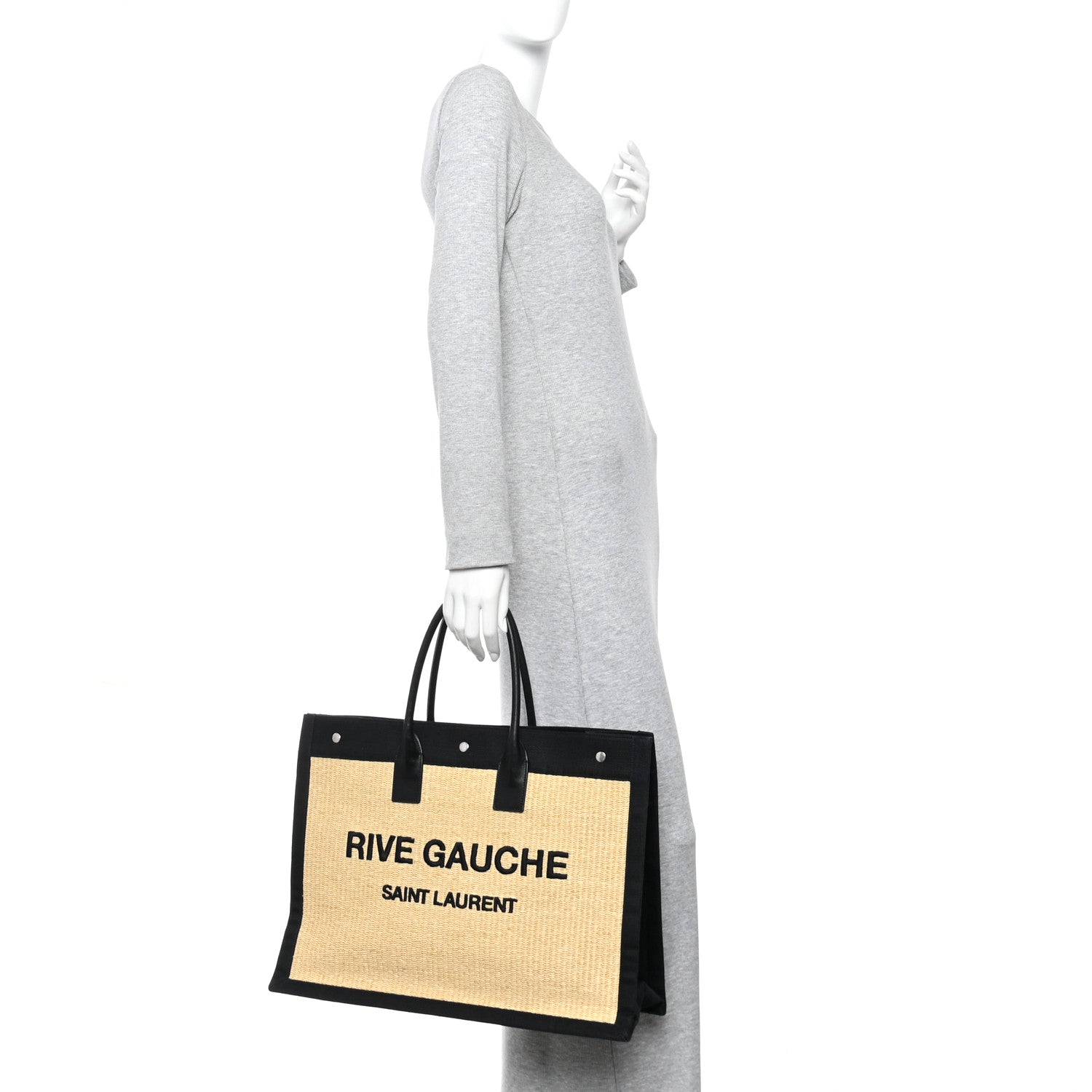 Saint Laurent Raffia Linen Calfskin Rive Gauche Tote Naturale Black 2 of 12