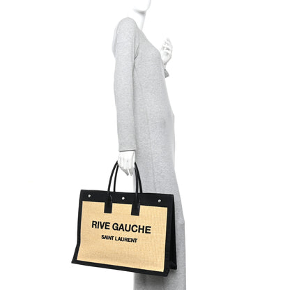 Saint Laurent Raffia Linen Calfskin Rive Gauche Tote Naturale Black 2 of 12