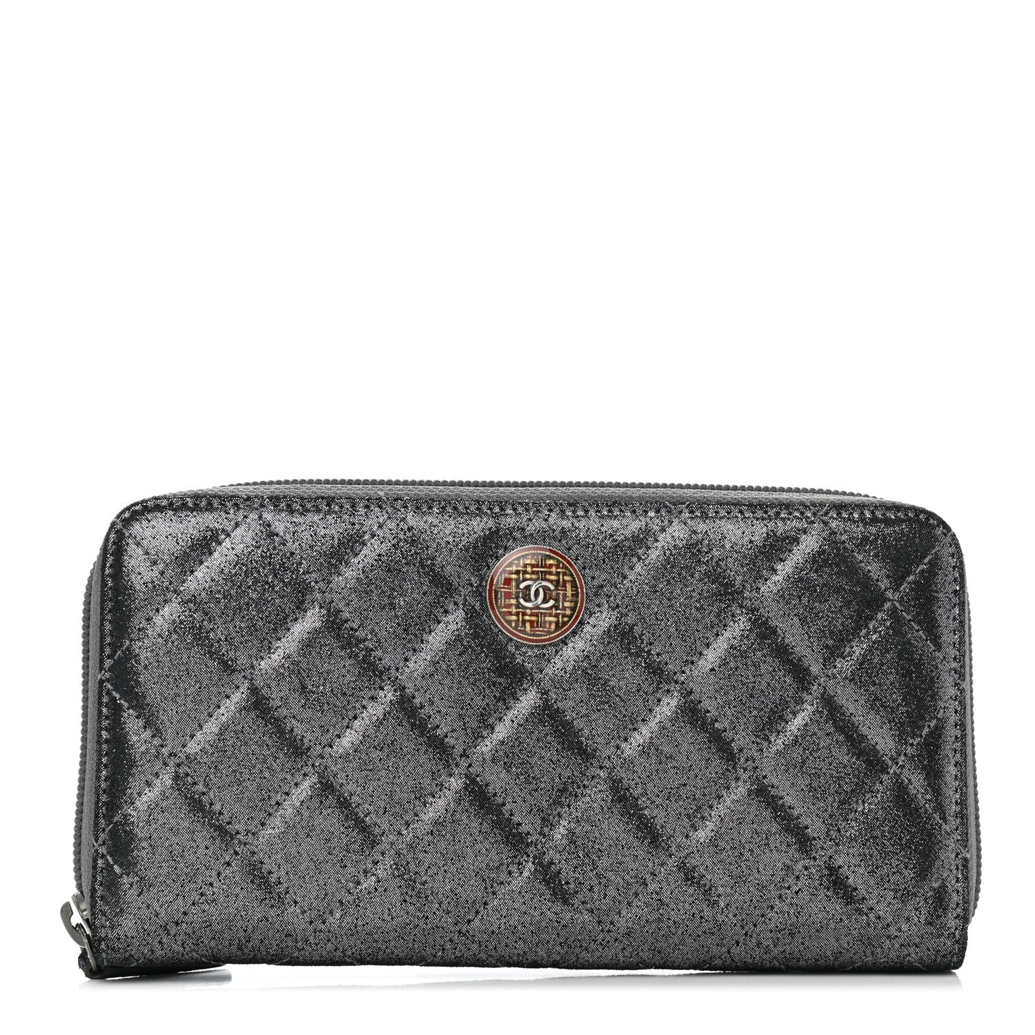 Chanel Iridescent Calfskin Quilted Tartan Button Zip Around Wallet Grey 1 of 8