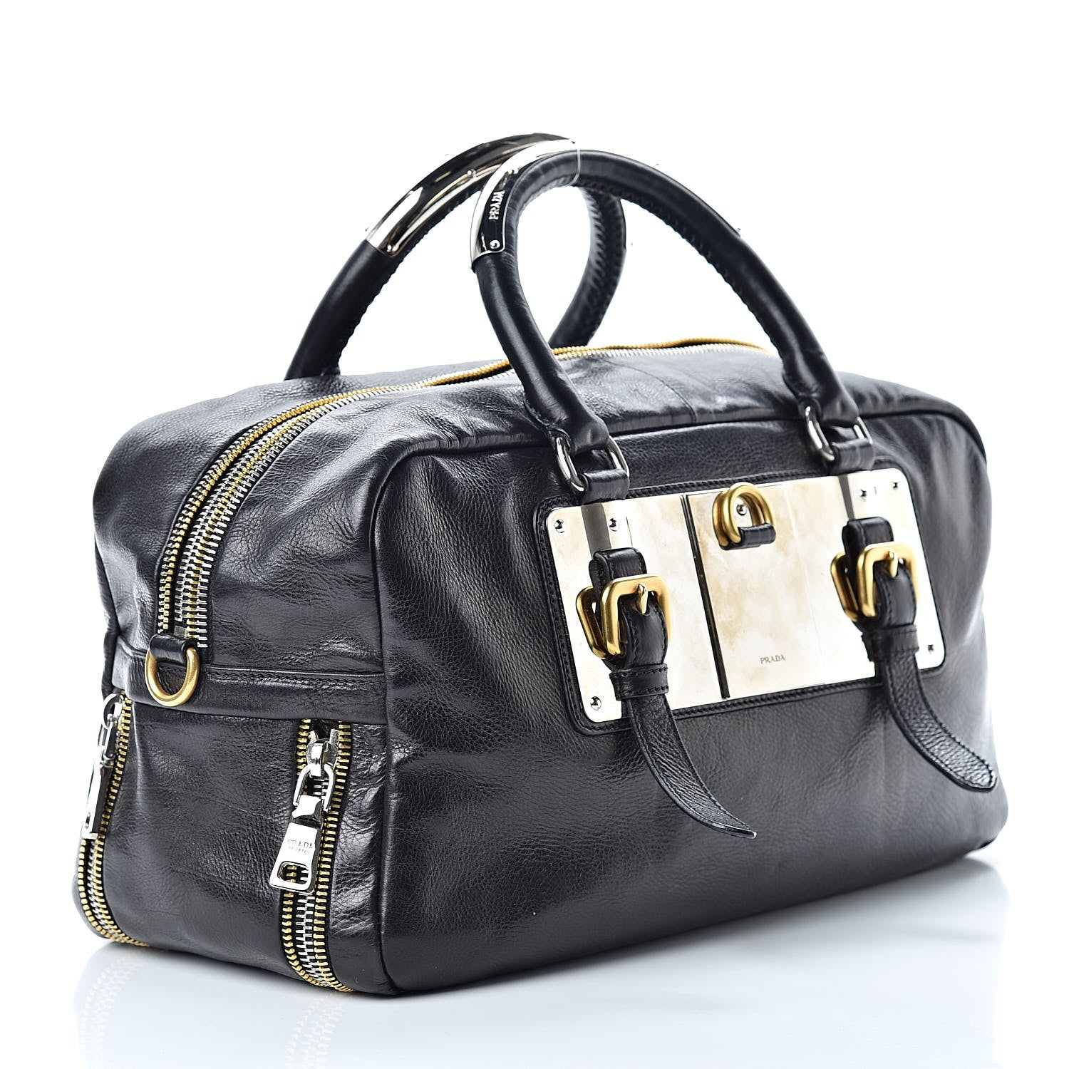 Prada Glace Calfskin Zippers Plaque Boston Black 3 of 12