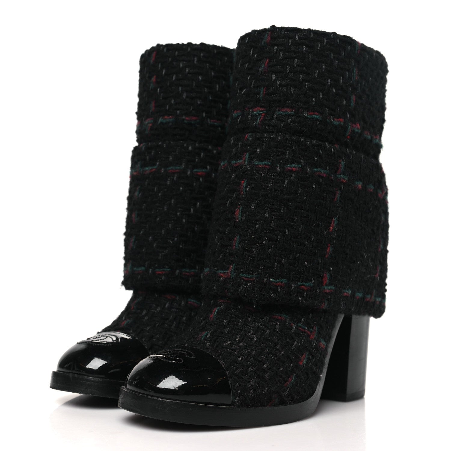 Chanel Tweed Patent CC Cap Toe Fold Over Boots 37 Black 4 of 10