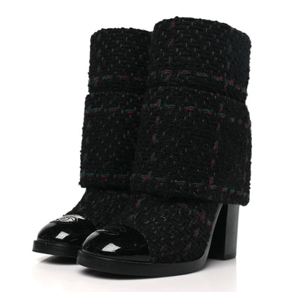 Chanel Tweed Patent CC Cap Toe Fold Over Boots 37 Black 4 of 10