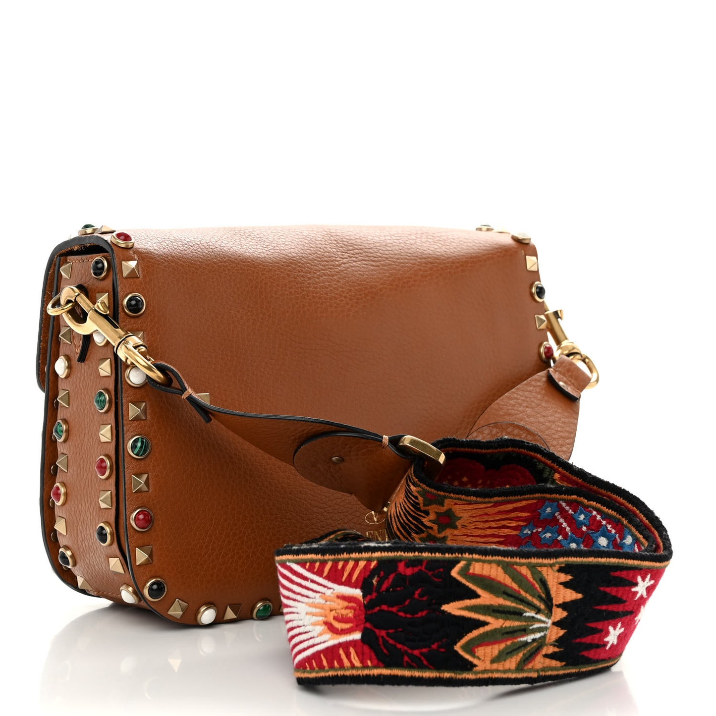 Calfskin Enchanted Wonderland Medium Guitar Strap Rockstud Rolling Flap Saddle Bag Light Cuir