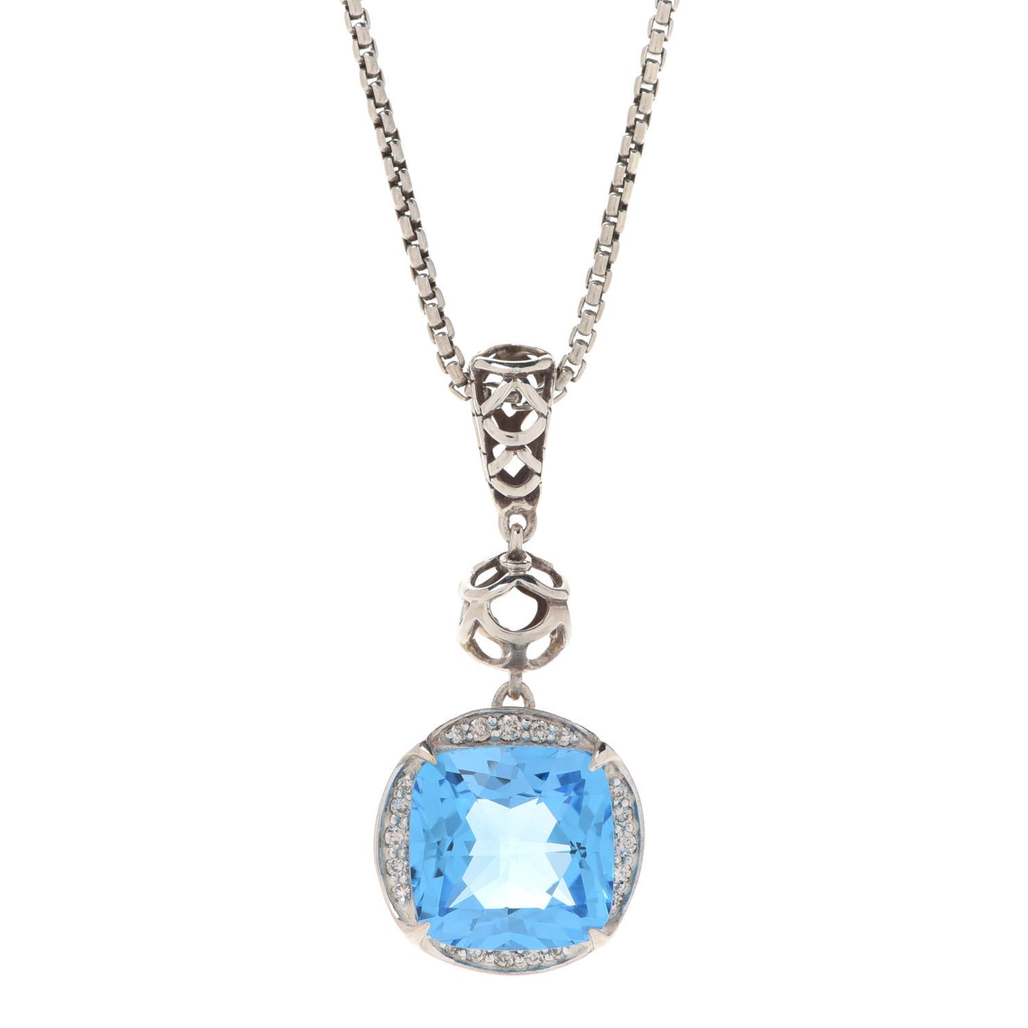 Sterling Silver Blue Diamond Topaz Batu Naga Cushion Pendant Necklace