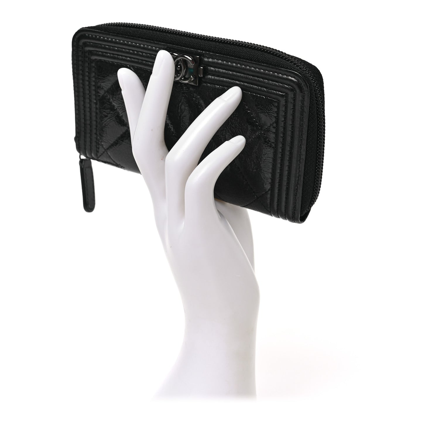 Distressed Patent Quilted Small Boy Zip Around Wallet Black