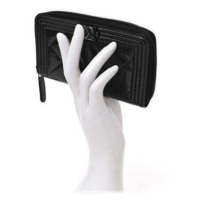 Chanel Distressed Patent Quilted Small Boy Zip Around Wallet Black 2 of 10