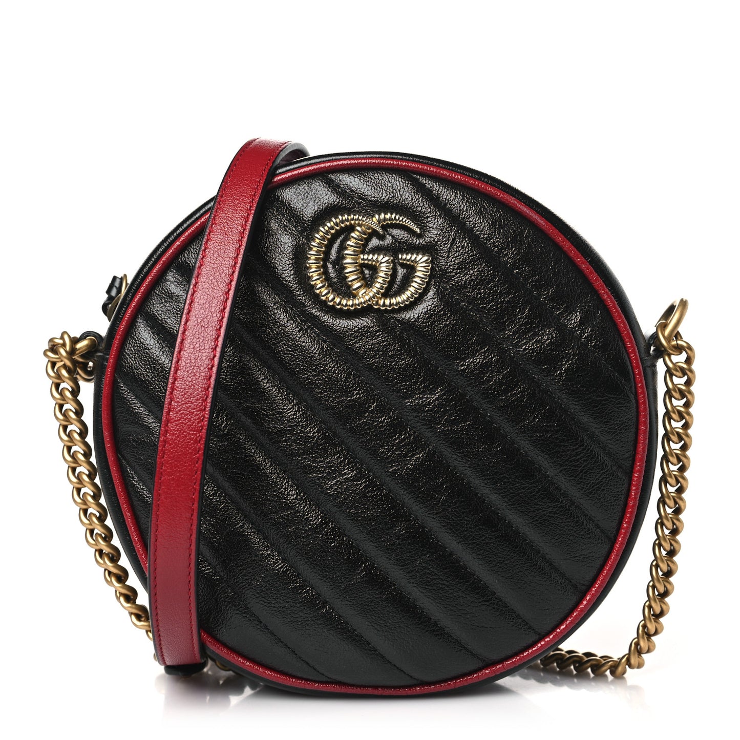 Vintage Effect Calfskin Matelasse Diagonal Mini Torchon GG Marmont Round Shoulder Bag Black Romantic Cherry