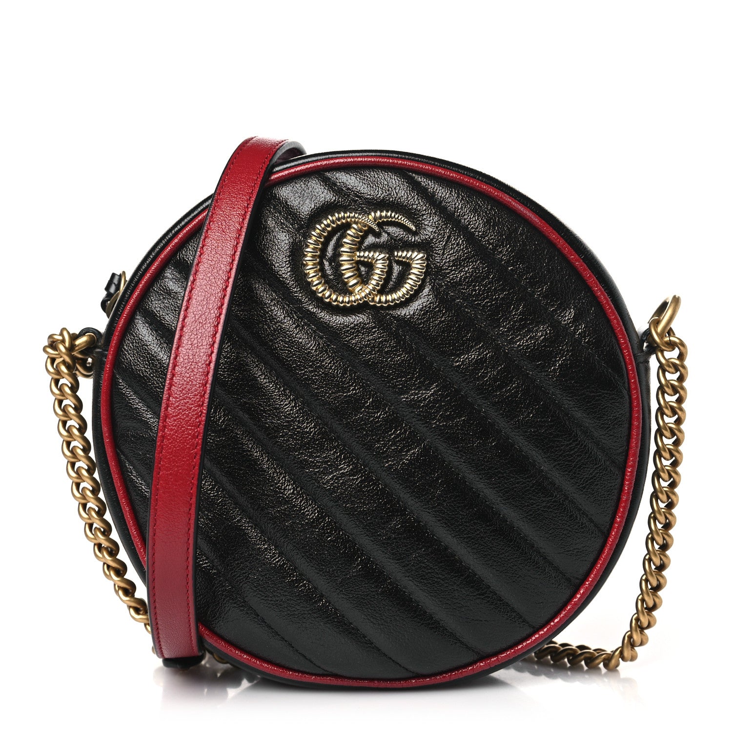 Gucci Vintage Effect Calfskin Matelasse Diagonal Mini Torchon GG Marmont Round Shoulder Bag Black Romantic Cherry 1 of 10