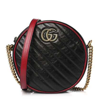 Gucci Vintage Effect Calfskin Matelasse Diagonal Mini Torchon GG Marmont Round Shoulder Bag Black Romantic Cherry 1 of 10
