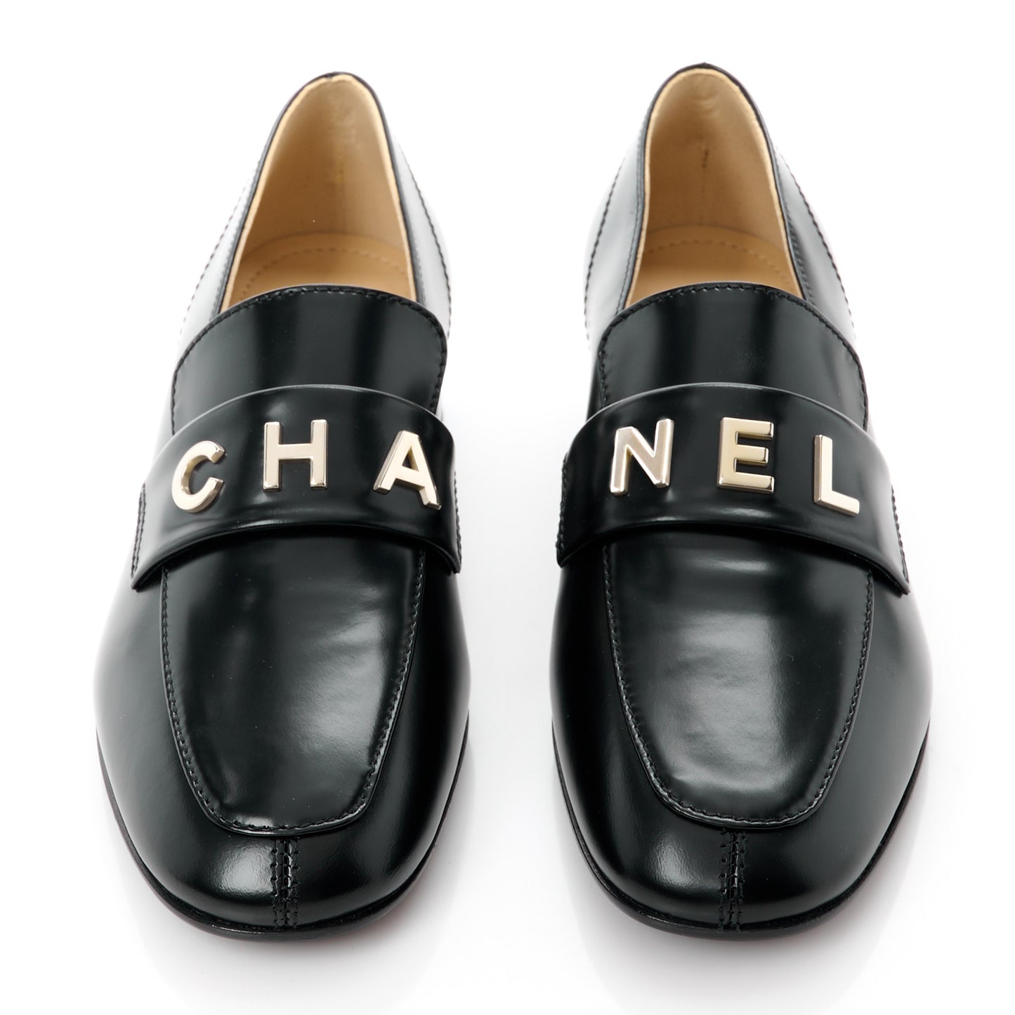 Shiny Calfskin Logo Loafers 35 Black