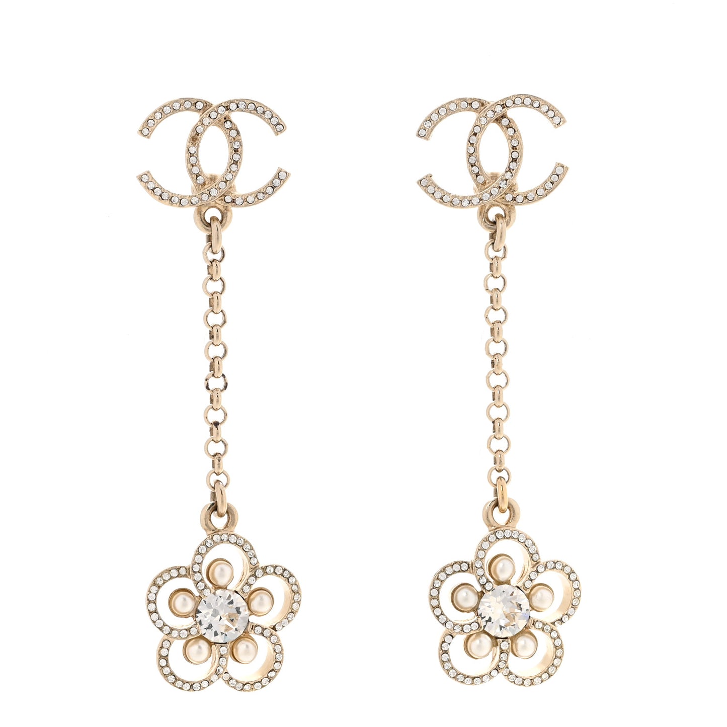 Crystal Pearl CC Camellia Drop Earrings Light Gold