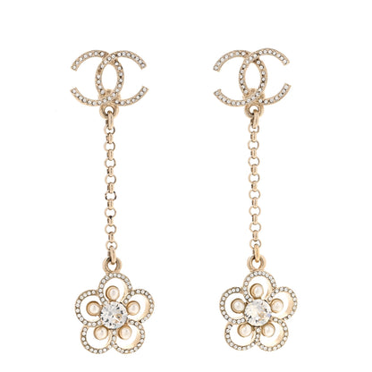 Chanel Crystal Pearl CC Camellia Drop Earrings Light Gold 1 of 4