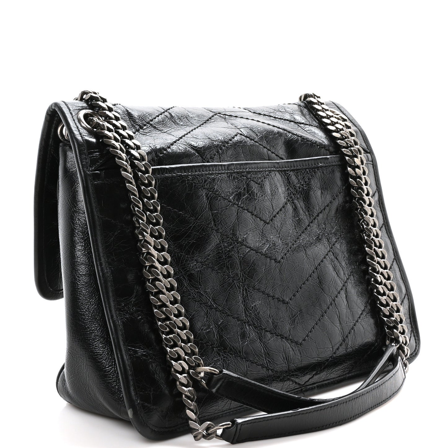 Crinkled Calfskin Matelasse Monogram Medium Niki Chain Satchel Black