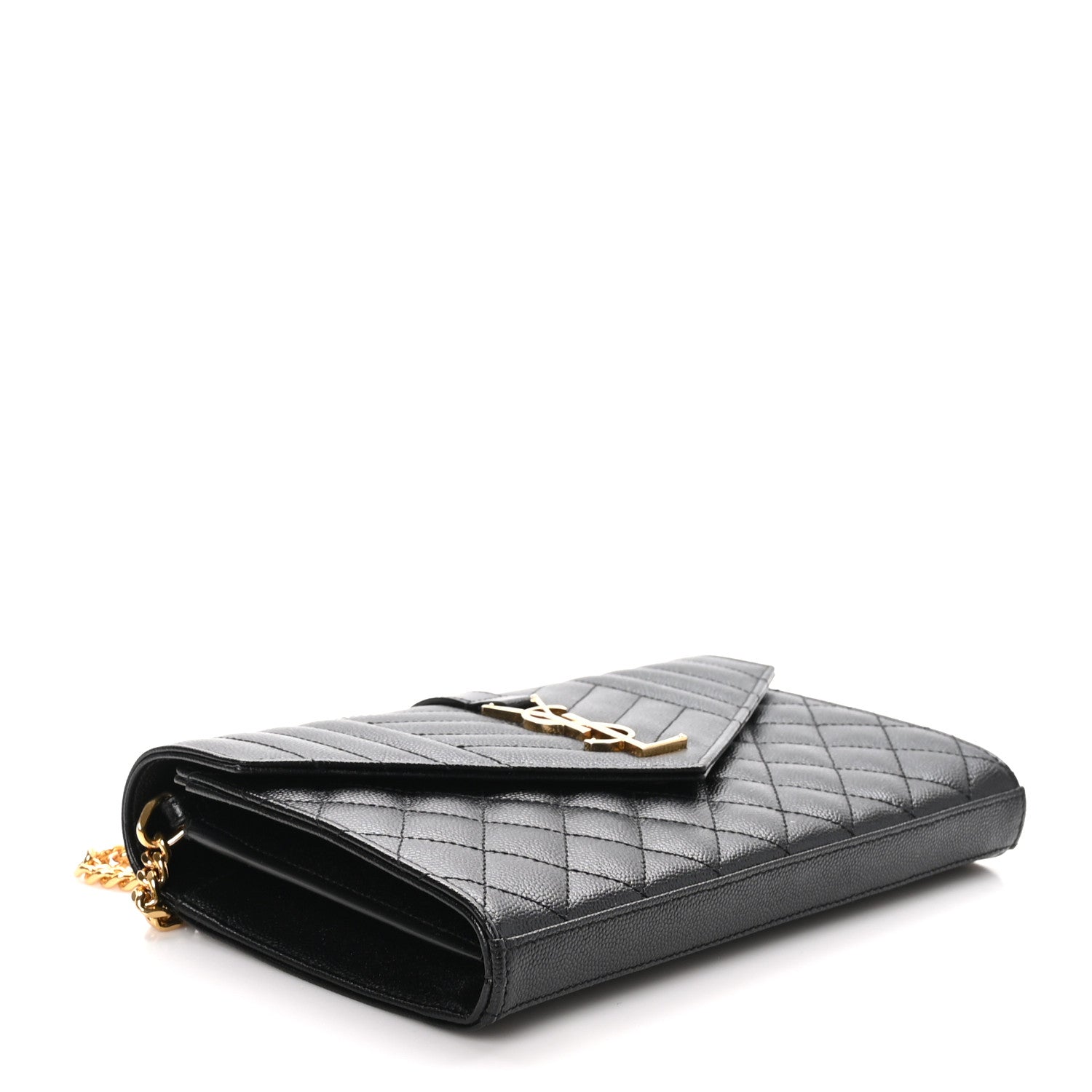 Saint Laurent Grain De Poudre Mixed Matelasse Triquilt Monogram Chain Wallet Black 4 of 11