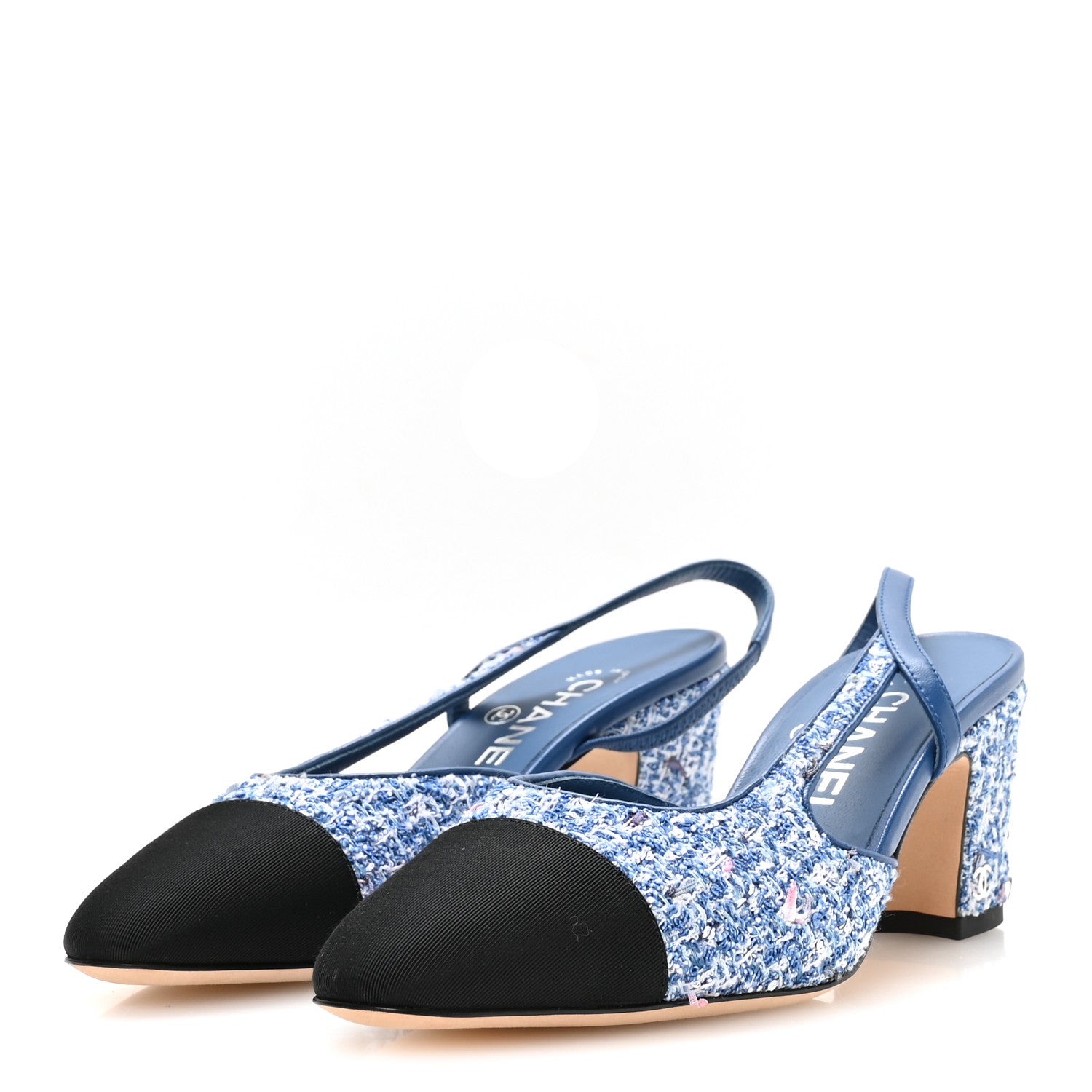 Chanel Tweed Grosgrain Cap Toe CC Slingback Pumps 36 Blue White Black 4 of 9
