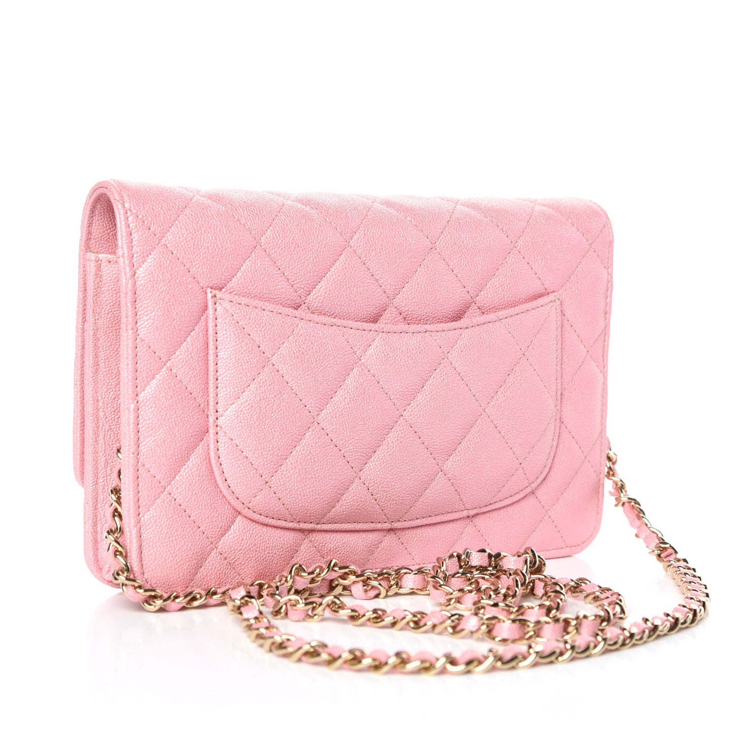 Iridescent Caviar Quilted Wallet on Chain WOC Rose Pink