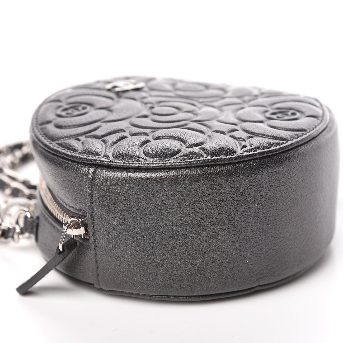 Goatskin Camellia Quilted Round Clutch With Chain Grey