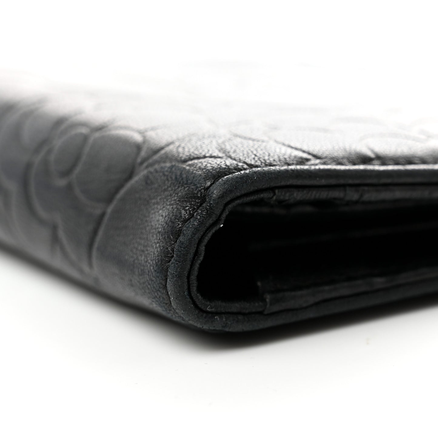 Lambskin Camellia Embossed Yen Wallet Black