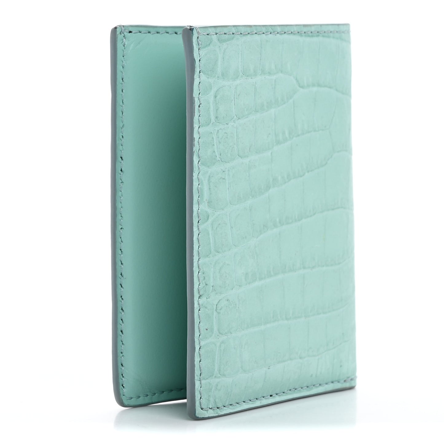 Calfskin Crocodile Embossed Bi-Fold Card Case Pastel Turquoise