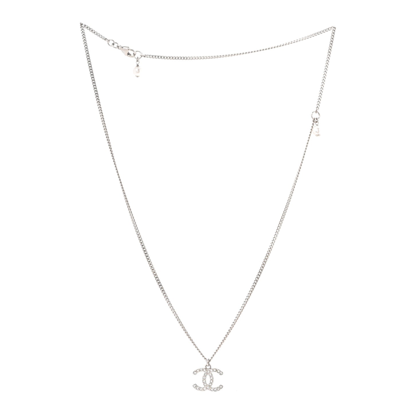 Crystal Pearl CC Pendant Necklace Silver