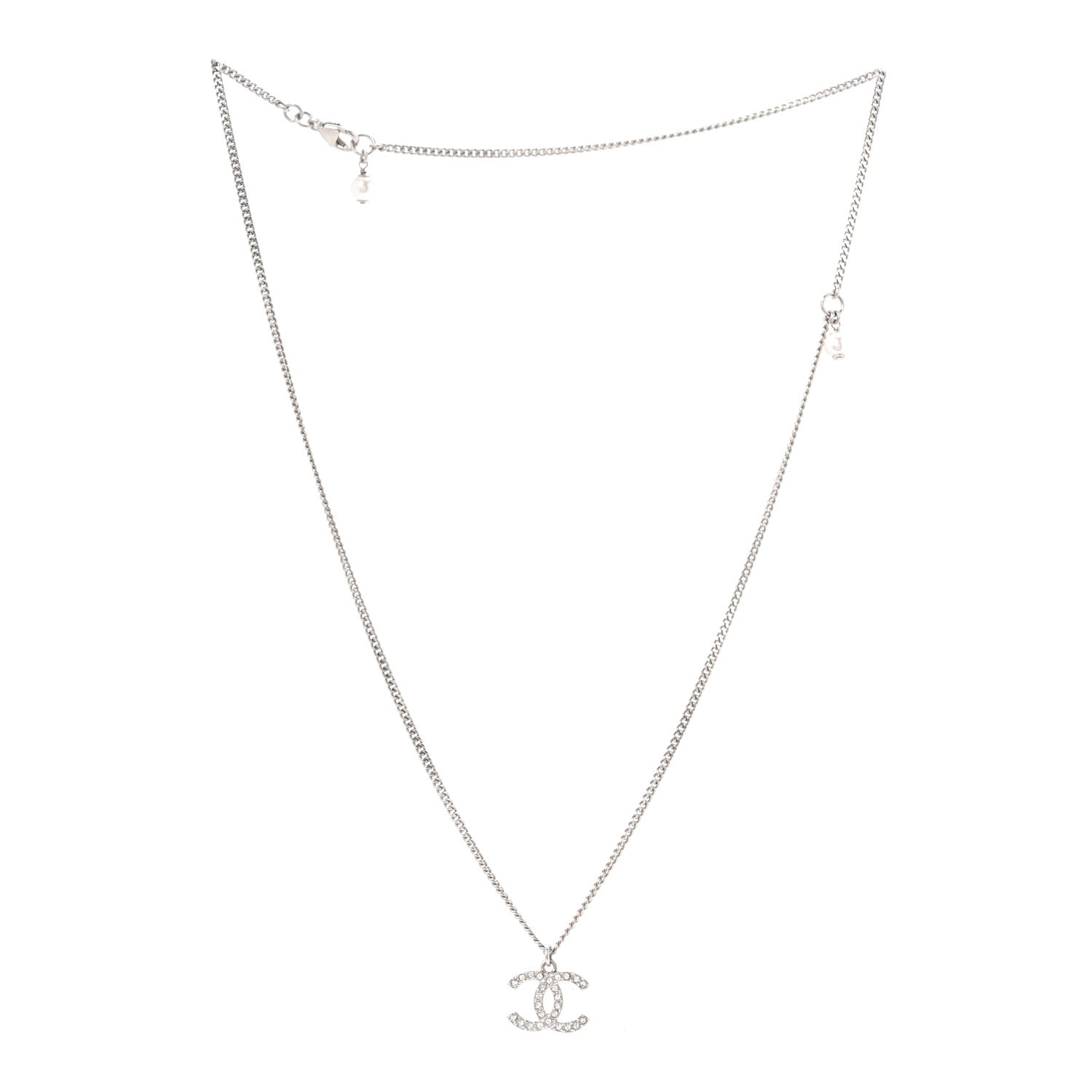 Chanel Crystal Pearl CC Pendant Necklace Silver 3 of 5