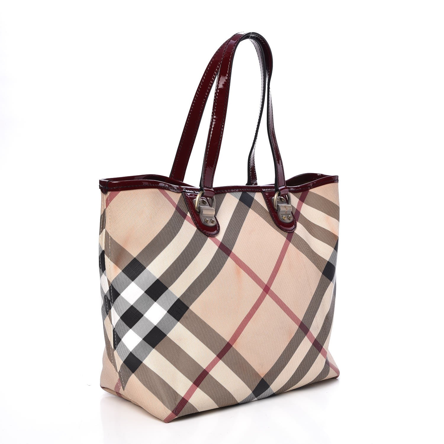 Burberry Patent Trim Small Nova Check Tote Red 3 of 16